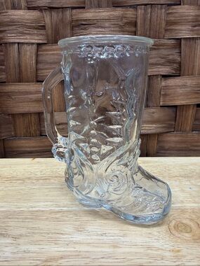 Vtg Libby Cowboy Boot Shaped Clear Glass Beer Mug With Handle 6" Western Barware